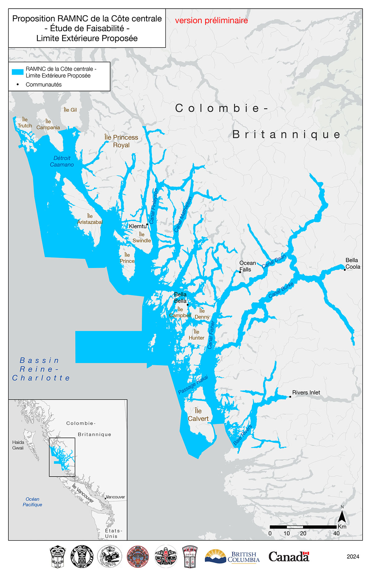 Limite extérieure proposée pour la phase d’évaluation de faisabilité du projet de réserve d’aire marine nationale de conservation de la Côte centrale, dans la région marine du bassin de la Reine-Charlotte, en Colombie-Britannique