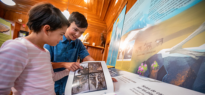 A brother and sister examine photos of mountains and plant life at the climate change exhibit. Older brother is pointing out photo on flipbook.