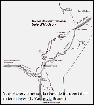 Carte du nord du Manitoba illustrant les routes des fourrures de la baie d’Hudson.