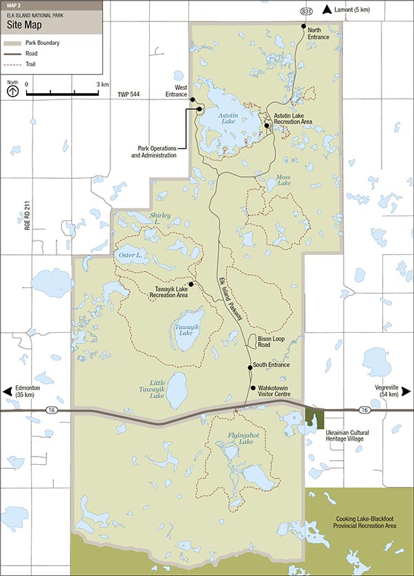 Map 2: Elk Island National Park — Text version follows.