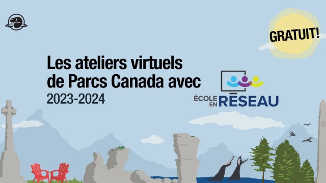 Infographie sur les ateliers virtuels de Parcs Canada sur fond de paysage de forêt et de montagnes