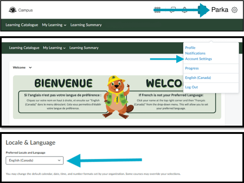 Screenshot of the Campus learning platform showing how to change language settings: open the Parka menu, select Account Settings, then choose English (Canada) under Locale and Language