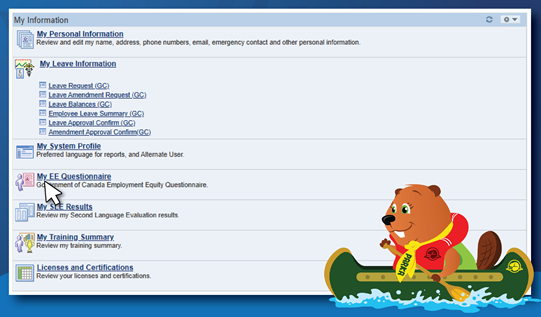  A screen capture highlighting the “My EE Questionnaire” selection within the “My Information” HR-Self Service menu.
