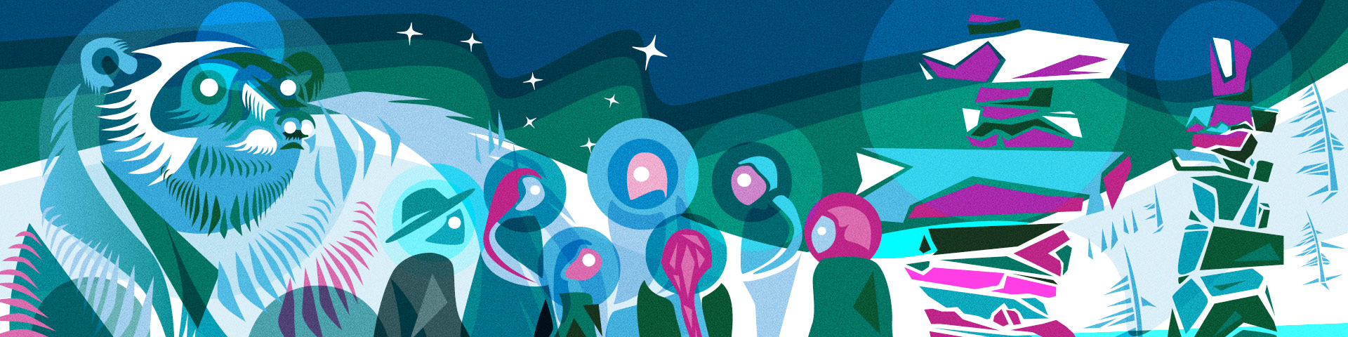 Winter banner from the Healing on our lands series, commissioned by Parks Canada from graphic design company Vincent Design. The artwork showcases both nature and the vibrant cultures of First Nations, Inuit, and Métis.