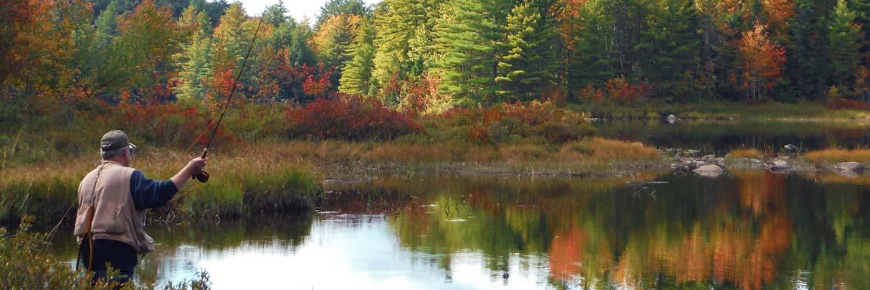 A man casting a fishing line into a tree-lined body of water.