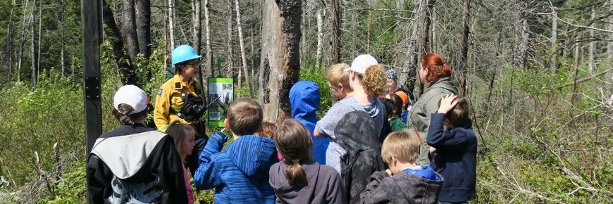 Several children and two adults listening to another adult surrounded by dead and burned trees.