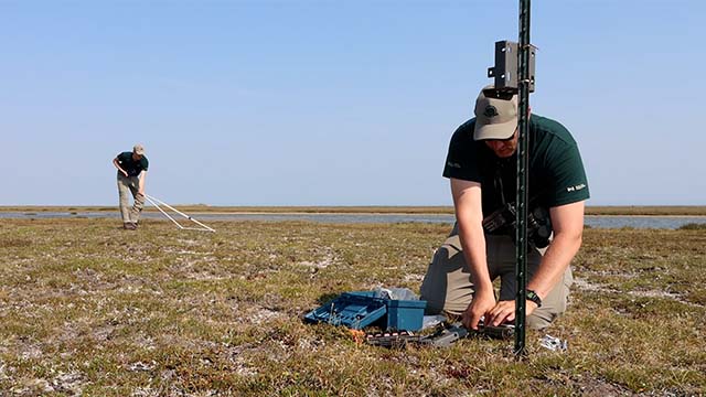 On a tundra landscape, Russell Turner prepares a wildlife camera to attach to a metal post, as Matthew Van Egmond works in the background.