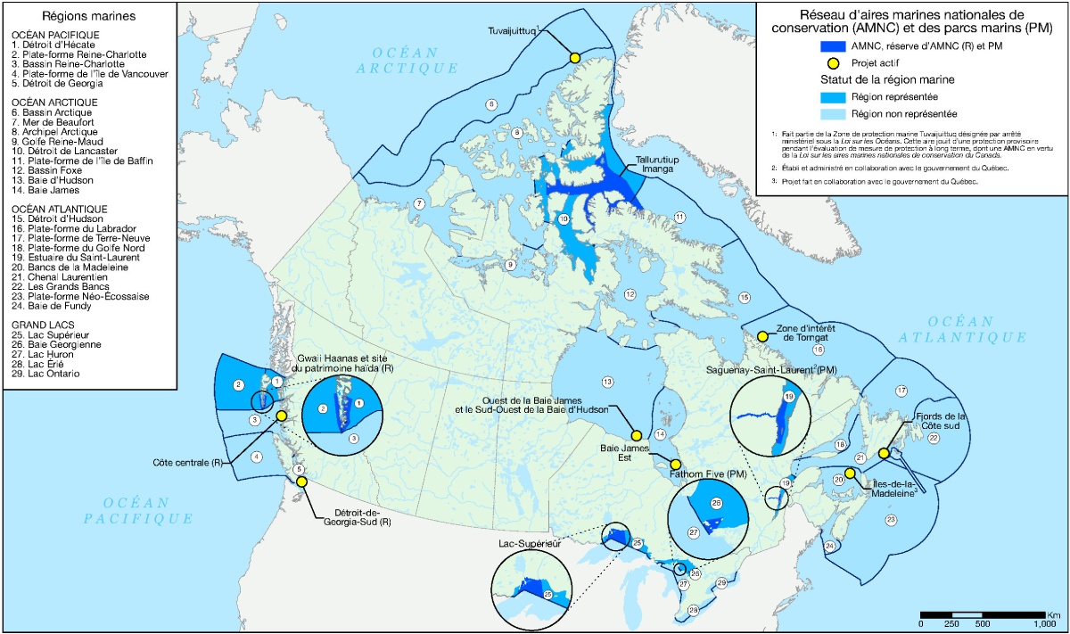 Carte du réseau d’aires marines nationales de conservation du Canada.