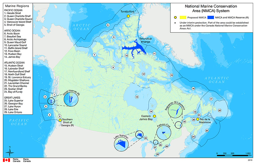 A map of the national marine conservation areas (NMCAs) of Canada