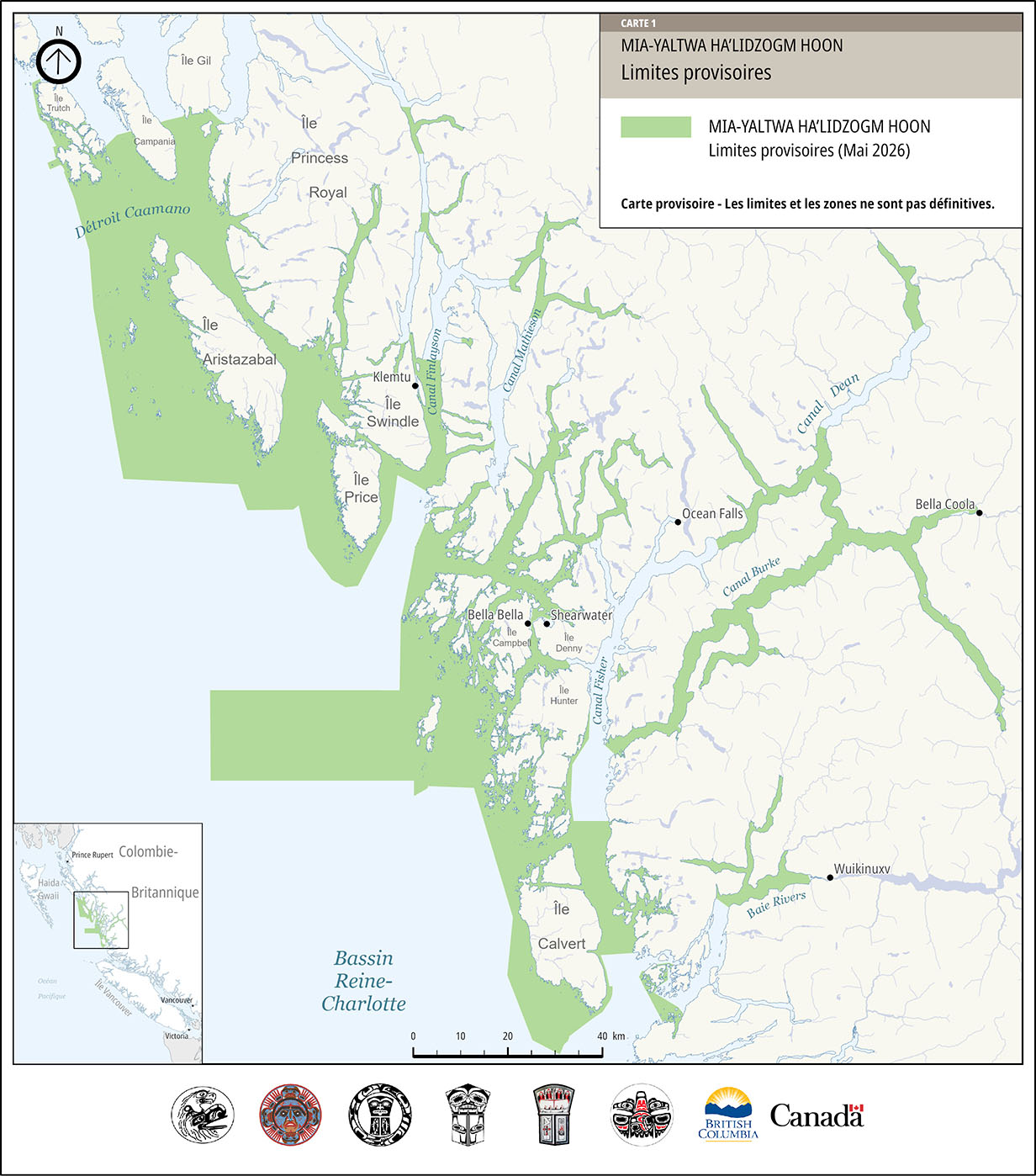 Carte des limites provisoires de la RNAMC Mia-yaltwa Ha’lidzogm hoon, version textuelle suit.