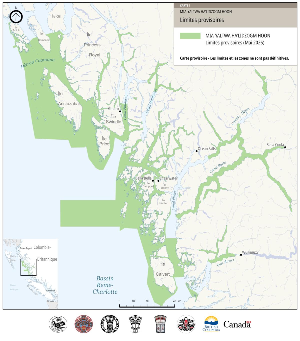 Carte des limites provisoires de la RNAMC Mia-yaltwa Ha’lidzogm hoon, version textuelle suit.