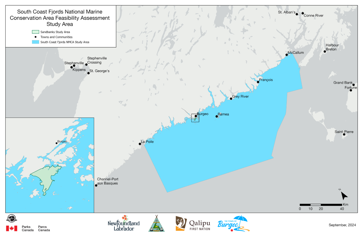 Feasibility assessment study area for the national marine conservation area in the Laurentian Channel marine region, Newfoundland — text version follows.