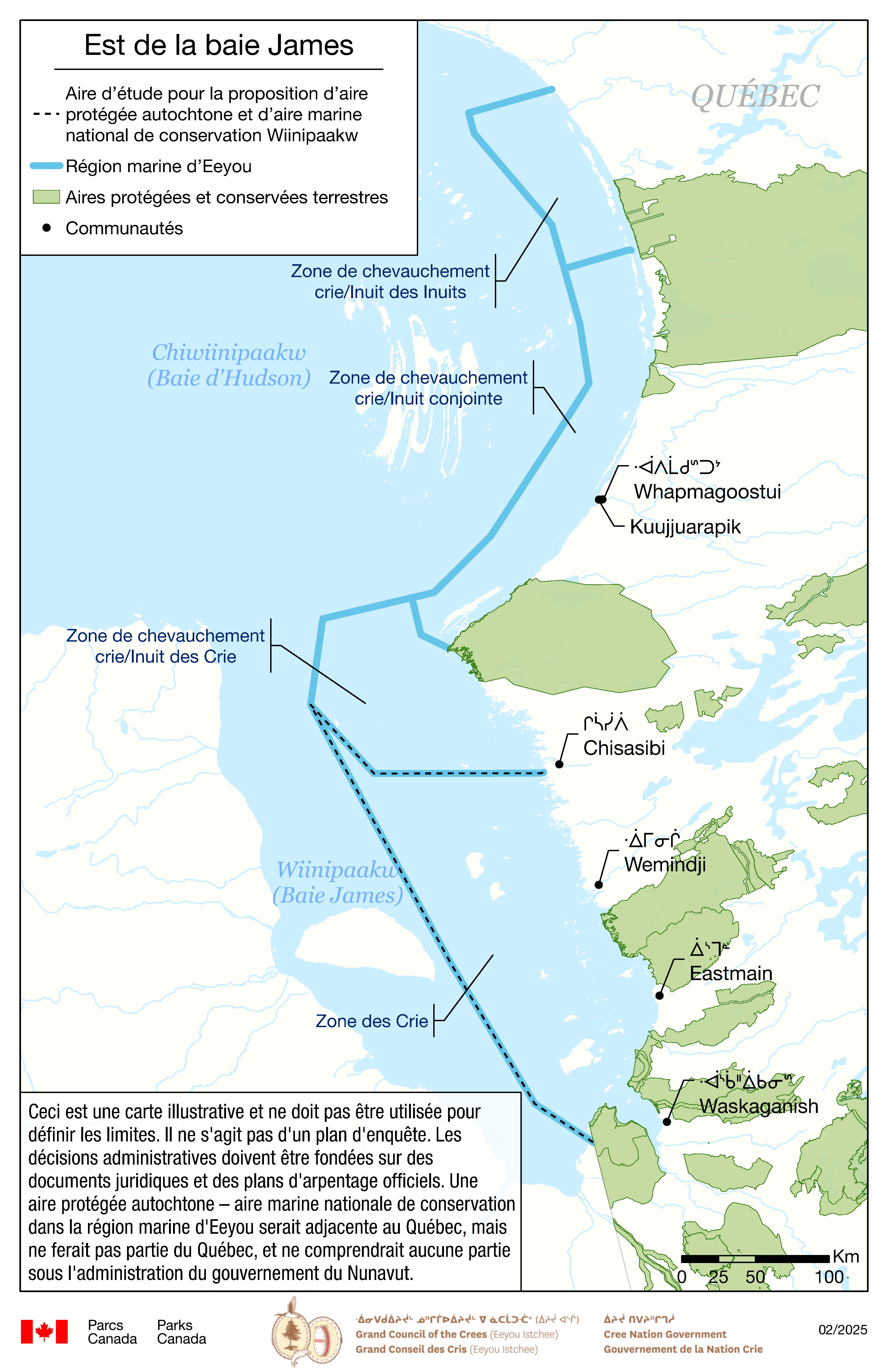 Carte de l'aire d'étude pour la proposition d'aire protégée autochtone et d'aire marine national de conservation Wiinipaakw