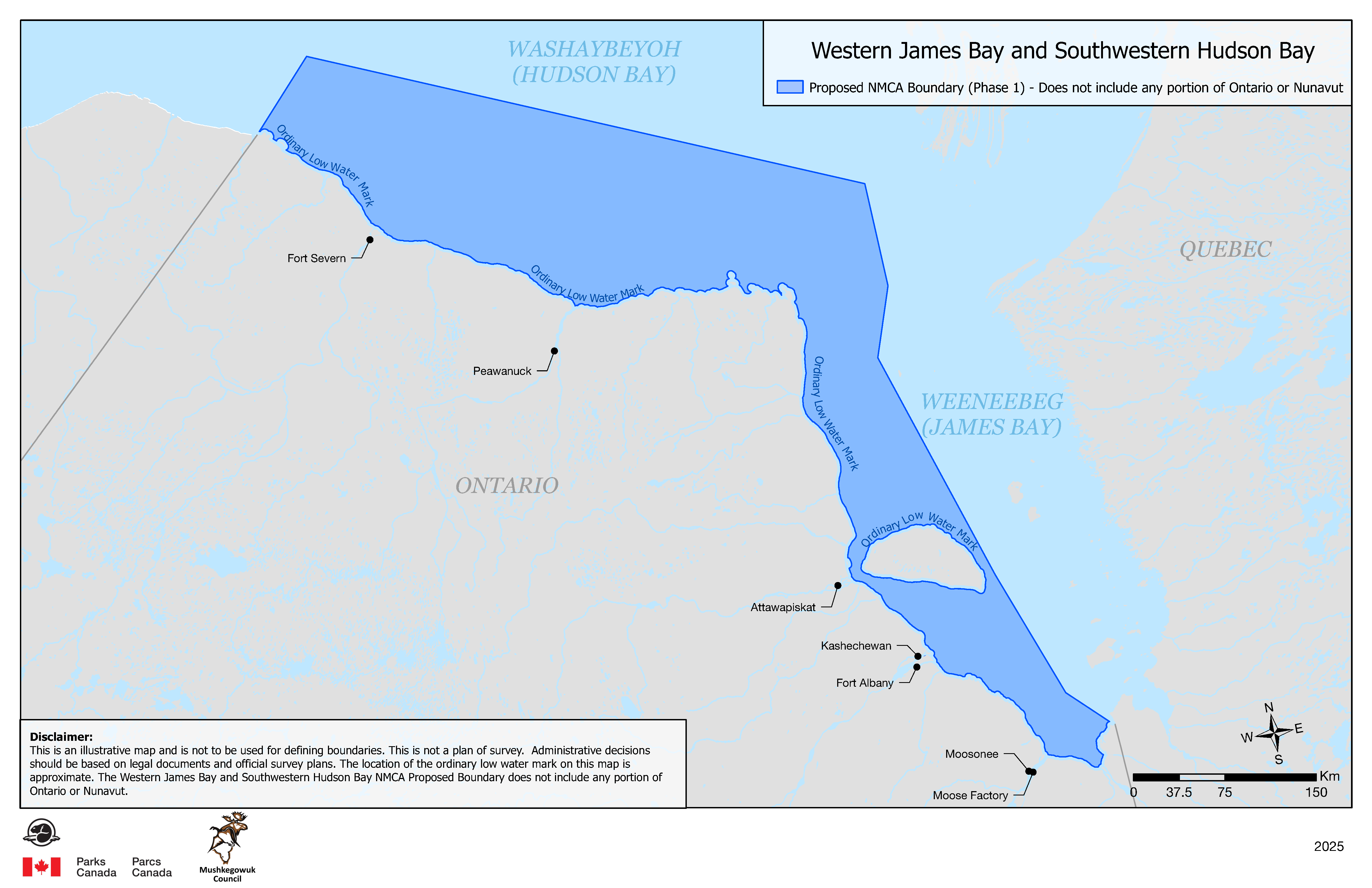 Map of the proposed (phase 1) boundary for Western James Bay and Southwestern Hudson Bay NMCA