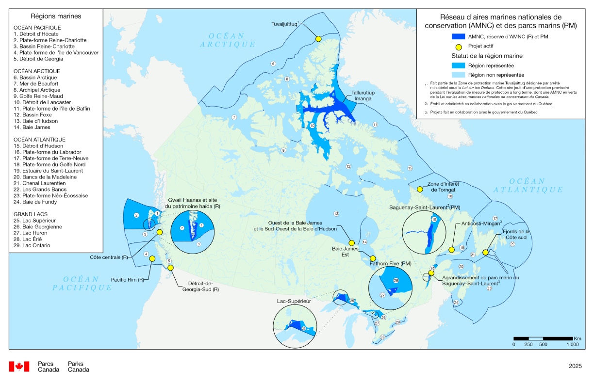 Carte du réseau d’aires marines nationales de conservation du Canada.