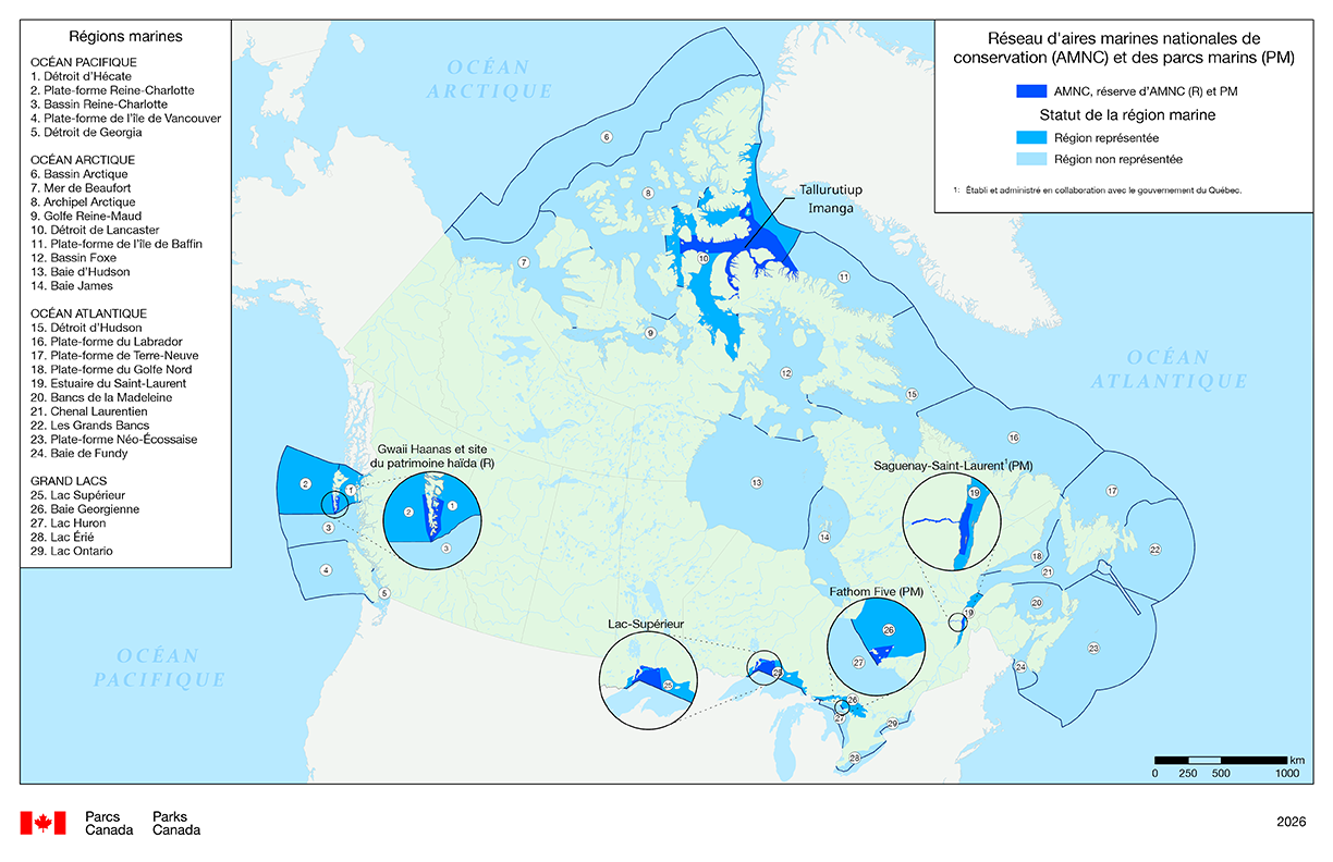 Carte du réseau d’aires marines nationales de conservation du Canada.