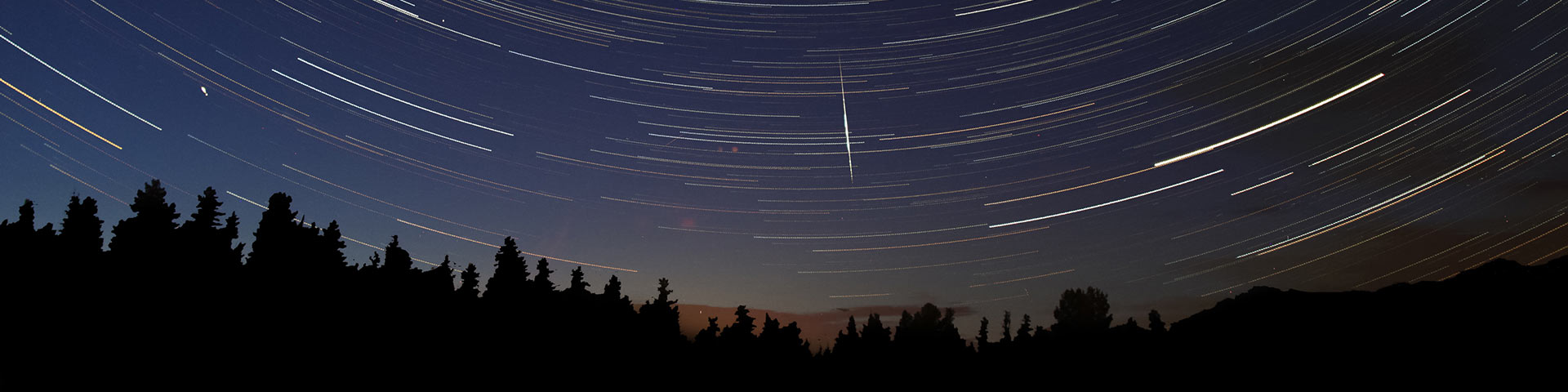 Long exposure photo of star trails curving across a dark sky above silhouetted trees