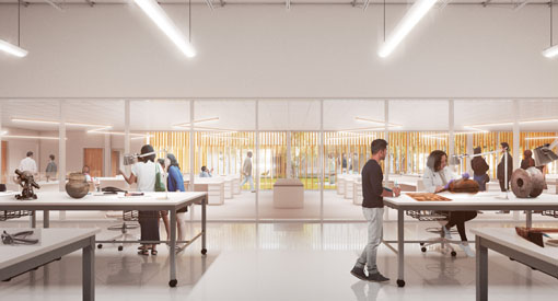 Design of what the offices and workspace in Parks Canada’s new collection storage facility will look like. Both areas are bright and open. The office space and workspace is separated by a wall of windows. 
