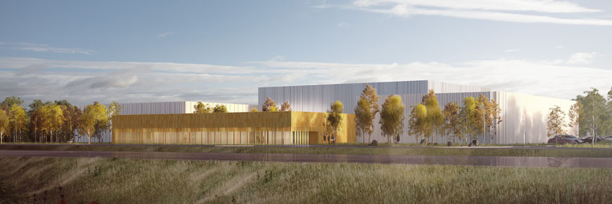 Conception extérieure de la nouvelle installation moderne d'entreposage des collections de Parcs Canada. Le bâtiment de deux étages, jaune et blanc, est entouré d'arbres.