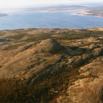 A landscape showing land and water