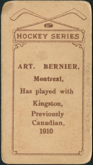  Library and Archives Canada's Arthur Bernier Hockey Series Card (back), circa 1910-1912