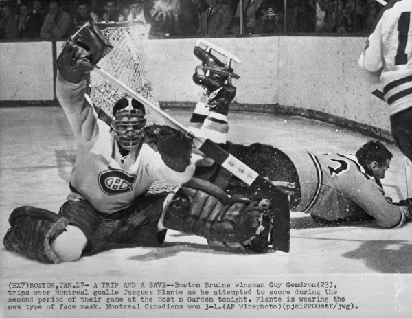 Jacques Plante, Montreal Canadiens goaltender, in action against the Boston Bruins, 1960