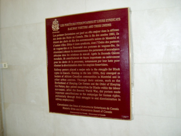 Historic Sites and Monuments Board of Canada commemorative plaque installed on a wall for the Black Railway Porters and their Union Activity National Historic Event