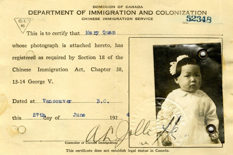 Historical immigration document showcasing the photo and information of a child