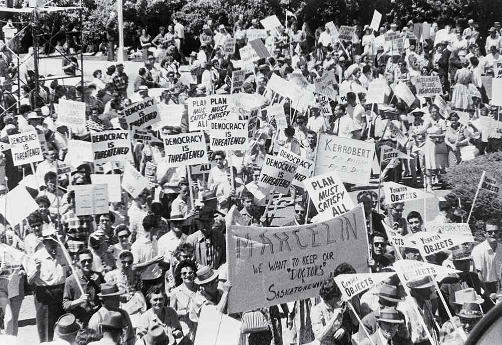 Crowd protesting the governments stand in the Medicare crisis in Regina, Saskatchewan, in 1962
