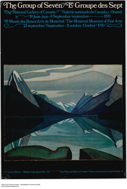 Affiche d'une exposition d'art, montrant un paysage avec des montagnes et de l'eau