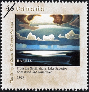 Post stamp featuring an art piece of a landscape