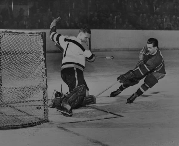 Maurice "The Rocket" Richard from the National Hockey League scoring his 500th goal, 1957