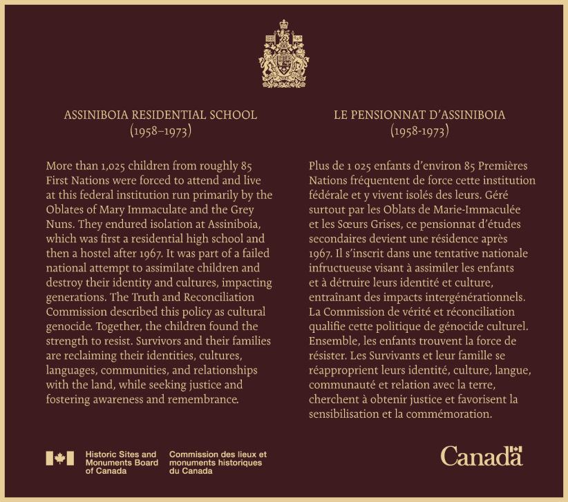 Plaque commémorative de la Commission des lieux et monuments historiques du Canada soulignant l'importance historique du pensionnat d’Assiniboia (1958-1973)