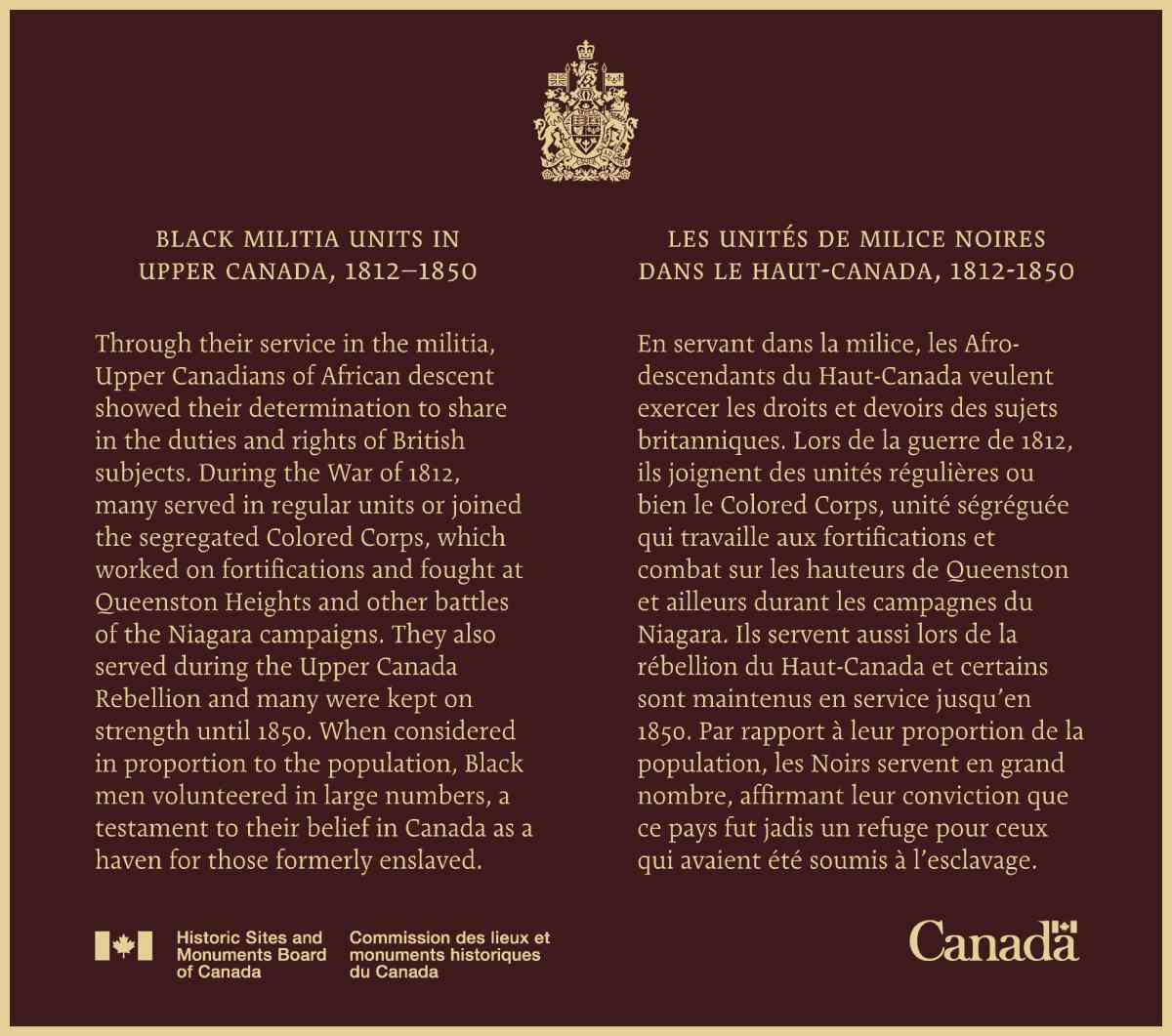 Commemorative plaque for the historical importance of Black Militia Units in Upper Canada, 1812-1850 National Historic Event