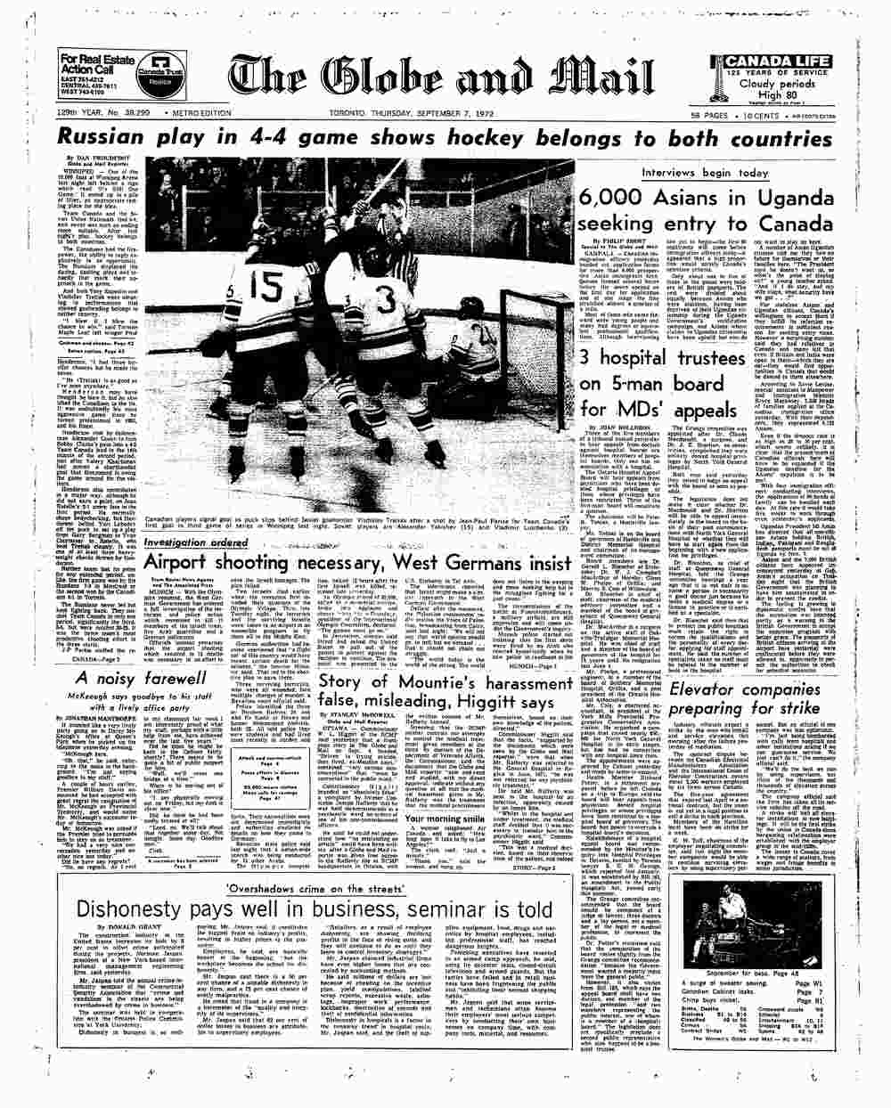Black and white photo of a news article portraying a hockey game with words and images