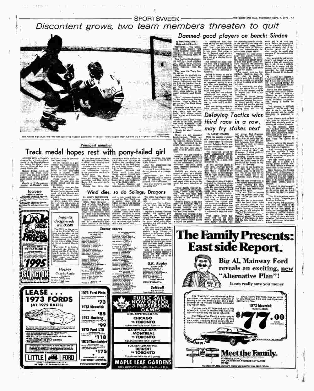 Black and white photo of a news article portraying a hockey game with words and photos
