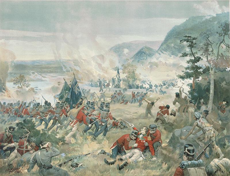 Image depicting the Battle of Queenston, 1813, with a town on the right and boats full of soldiers on the water