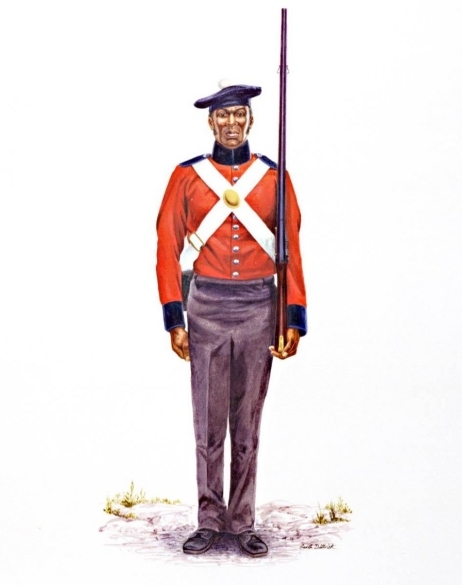 Illustration of a soldier in a Black militia unit, between 1843 and 1850, to commemorate the historical importance of Black militia units in Upper Canada between 1812 and 1850