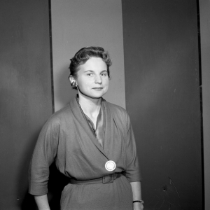 Jeanne Sauvé, designated as a national historic person for her historical significance, during the recording of the program Opinions on CBOFT, 1956