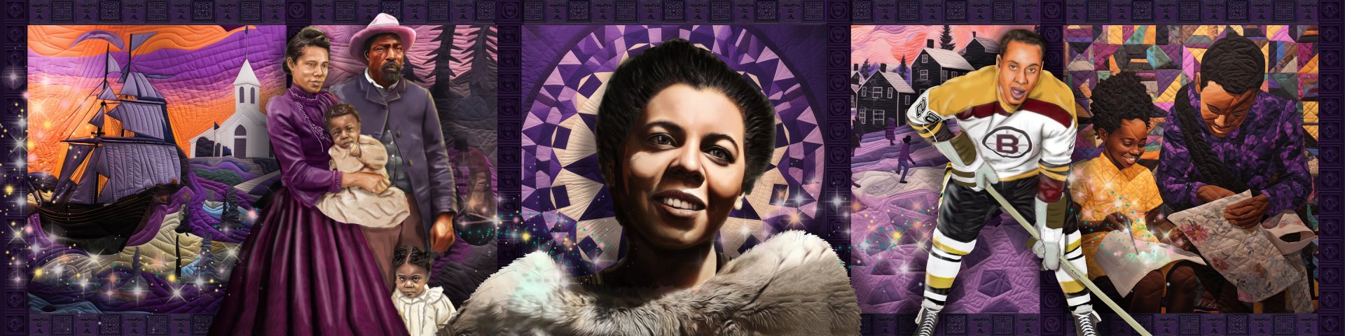 Une bannière panoramique colorée représentant d'importants Canadiens noirs sur un fond de motif rappelant une courtepointe décrivant des lieux et événements marquants de l'histoire des noirs canadiens.