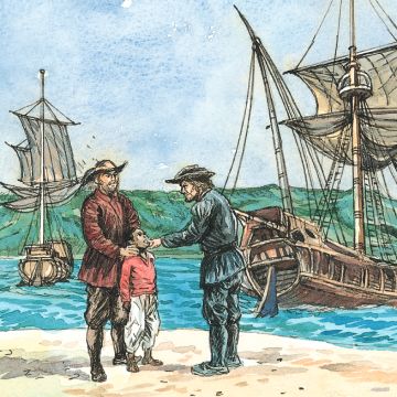 Illustration de deux hommes, d'un garçon et d'un bateau