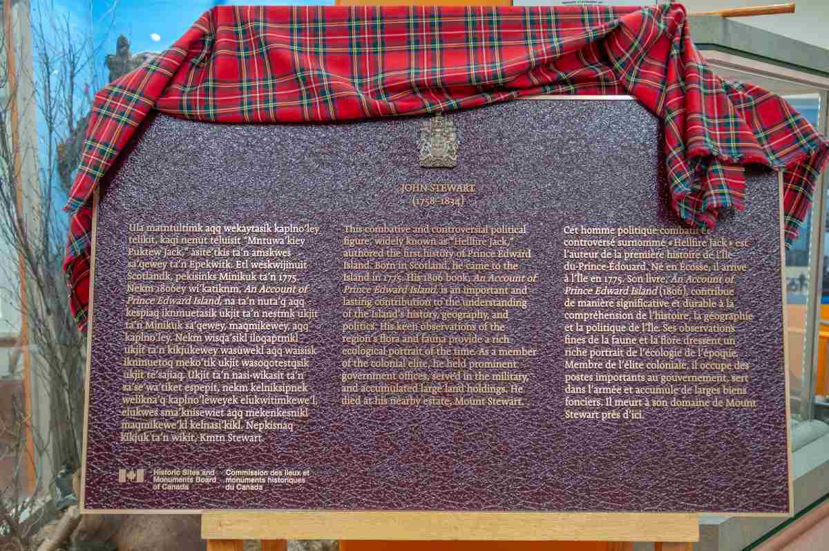 Commemorative plaque unveiled for the historical importance of John Stewart (1758-1834), author of the first written history of the colony of Prince Edward Island