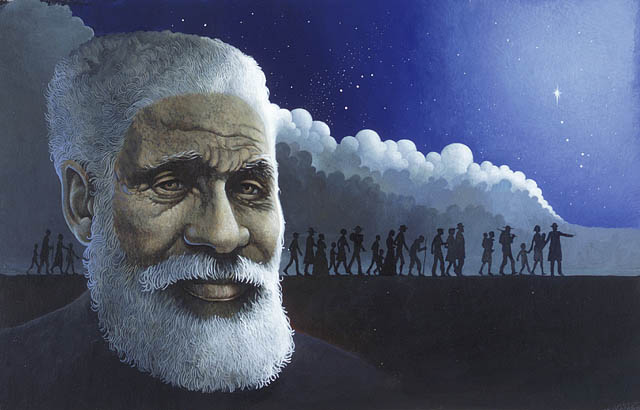 Illustration of a man's face on a dark background including people walking and a night sky