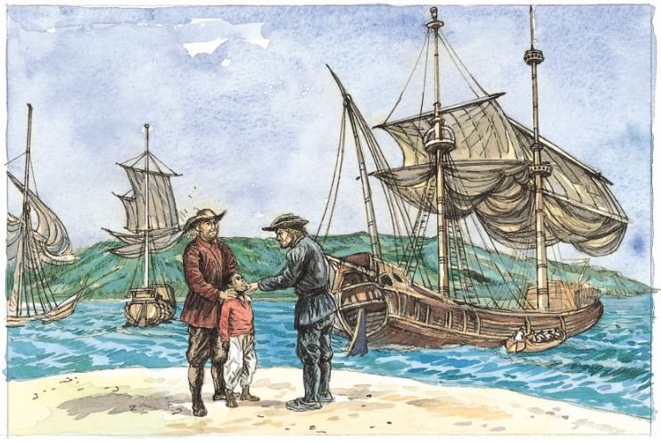 Illustration de deux hommes, un garçon et un navire