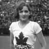Black and white photo of a women wearing a t-shirt