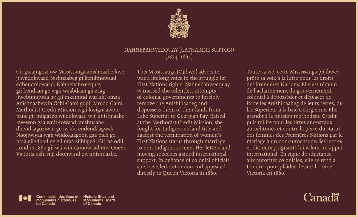 Plaque commémorative soulignant l'importance historique de Nahnebahwequay (1824-1865)