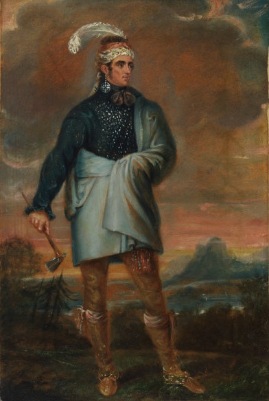 Portrait painting of Mohawk war chief Teyoninhokarawen (John Norton) wearing a combination of Iroquois and British clothing, circa 1804-1805, from the Canadian War Museum