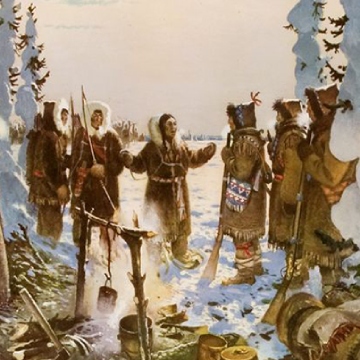 Illustration of a group of people gathered in a winter setting