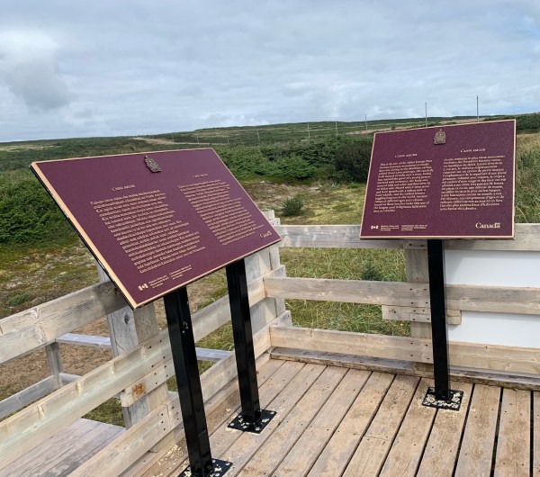 Photo of two commemorative bronze plaques on their stands in front of a landscape