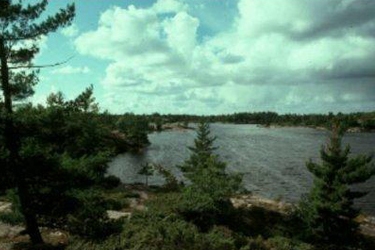 Landscape overlooking a body of water and trees at Beausoleil Island National Historic Site